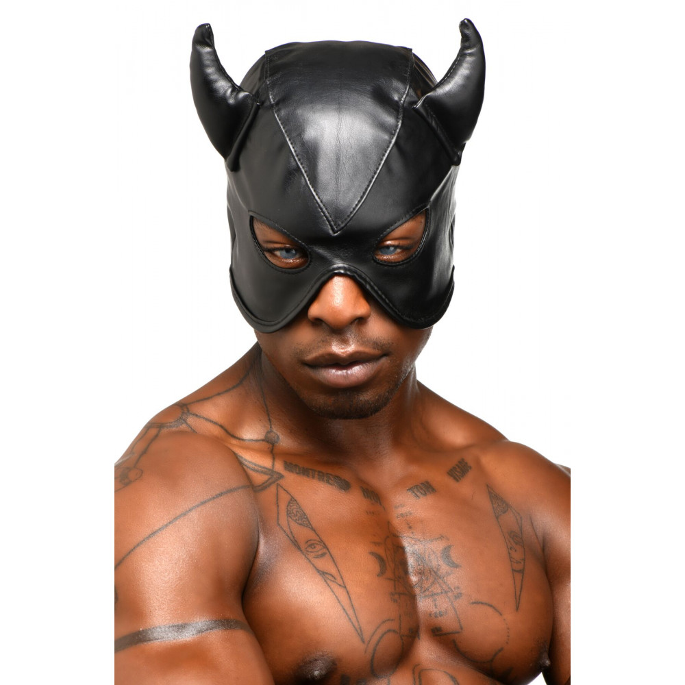 Маски - Маска Master Series Dungeon Demon Bondage Mask with Horns - Black 1