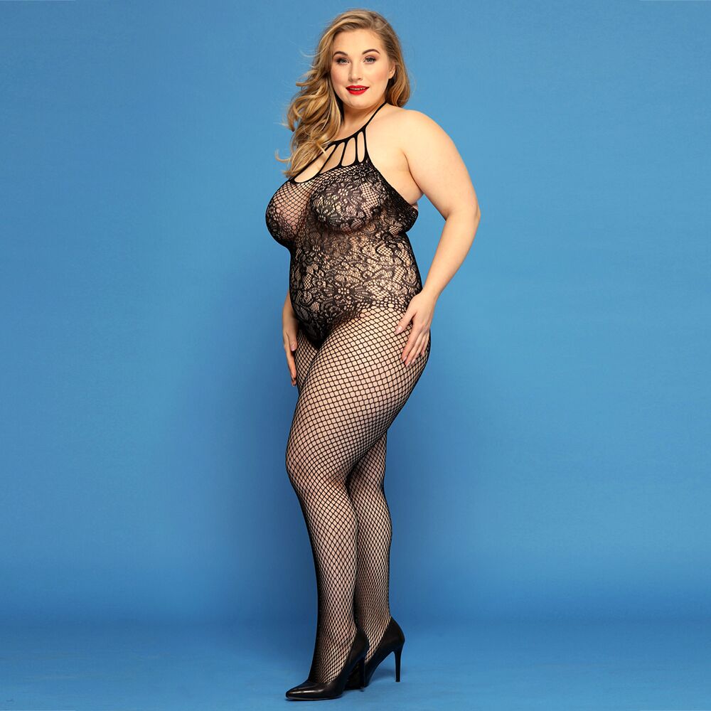Бодистокинг - Сетчатый бодистокинг JSY «Откровенная Мадлен» Plus Size, Black, имитация боди, кружево, доступ 3