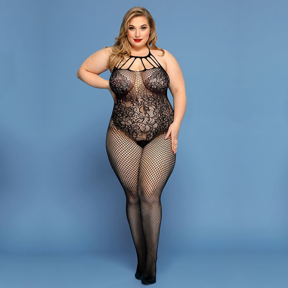 Бодистокинг - Сетчатый бодистокинг JSY «Откровенная Мадлен» Plus Size, Black, имитация боди, кружево, доступ 1
