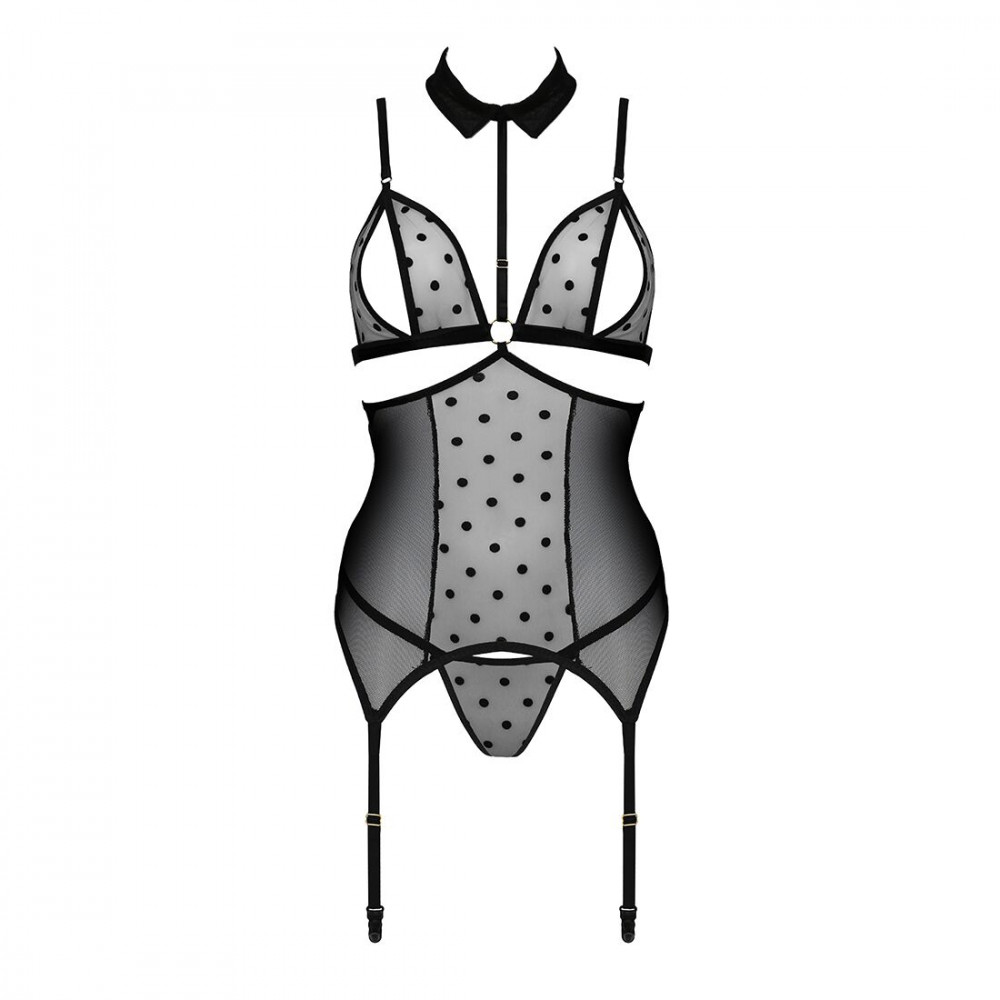 Эротические корсеты - Корсет с открытой грудью Passion DOMINICA CORSET L/XL black, пажи для чулок, стринги 2