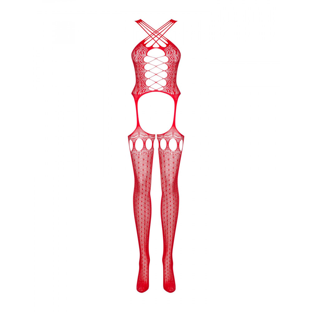 Бодистокинг - Бодистокинг Obsessive Bodystocking G313 S/M/L red, шнуровка, геометрический декор 2