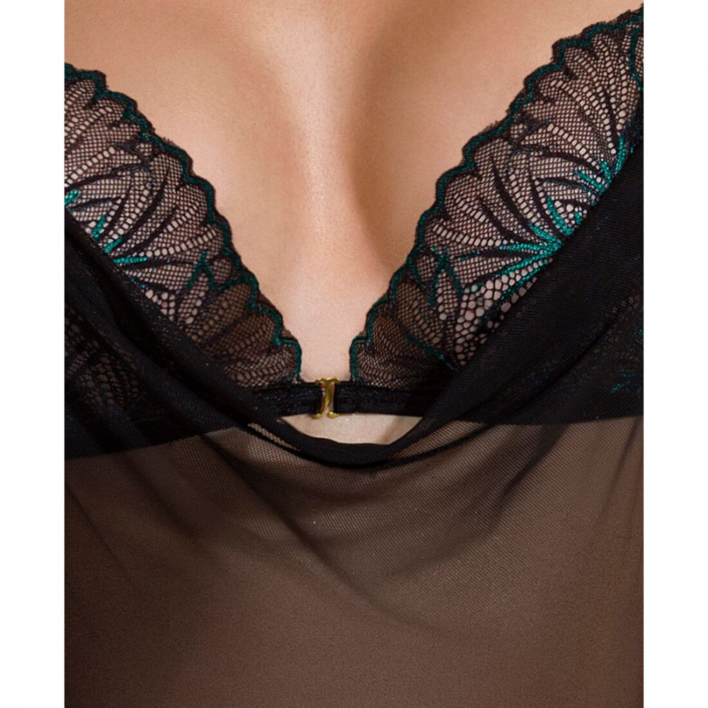 Эротические пеньюары и сорочки - Сорочка Passion DELIENA CHEMISE S/M black, стринги с заниженной талией 1