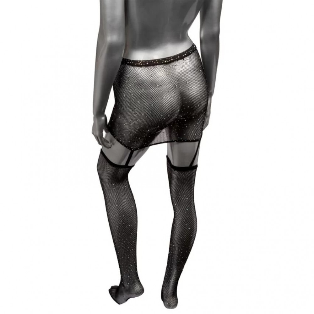 Эротическое белье - Пояс-юбка с чулками в сетку со стразами Calexotics Garter Skirt Thigh Highs, черный 2