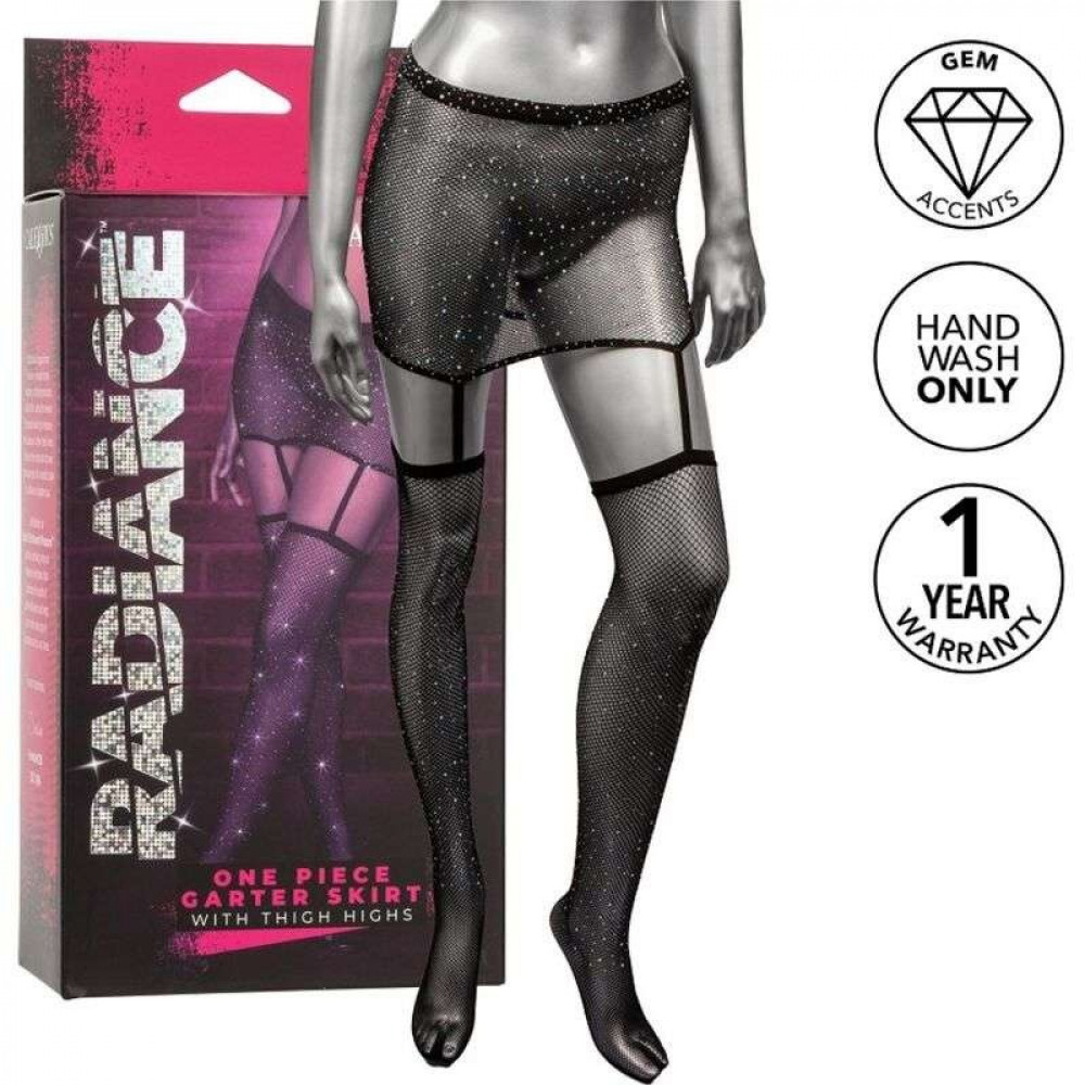 Эротическое белье - Пояс-юбка с чулками в сетку со стразами Calexotics Garter Skirt Thigh Highs, черный