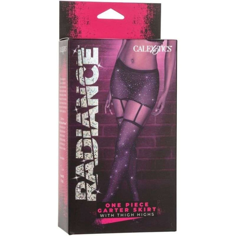 Эротическое белье - Пояс-юбка с чулками в сетку со стразами Calexotics Garter Skirt Thigh Highs, черный 3