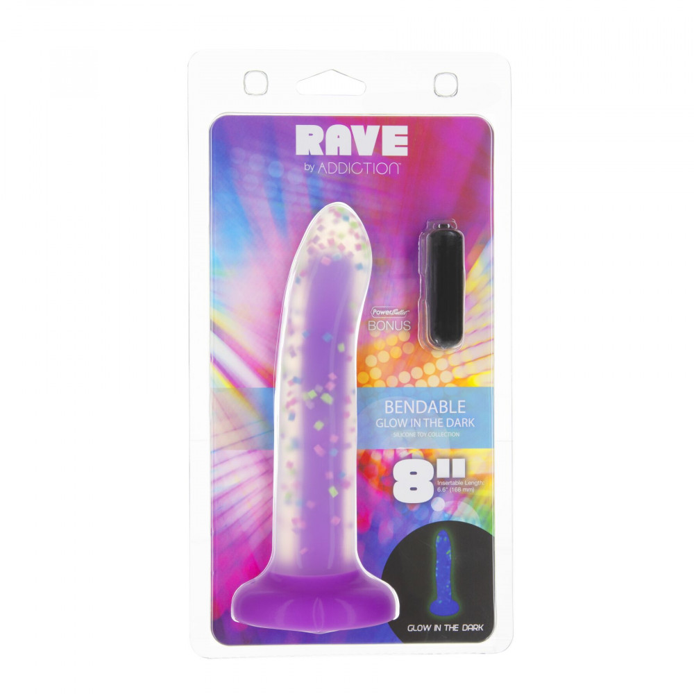 Фаллоимитаторы на присоске, двойные - Светящийся в темноте фаллоимитатор ADDICTION Rave 8″ Glow in the Dark Dildo Purple Confetti , 20,3 см 6