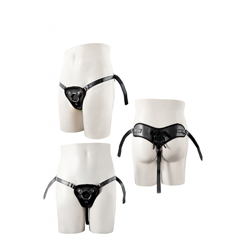 Трусики для страпонов - Трусики для стпрапона с 2 кльцами STRAPON BLACK PU HARNESS WITH TWO RINGS