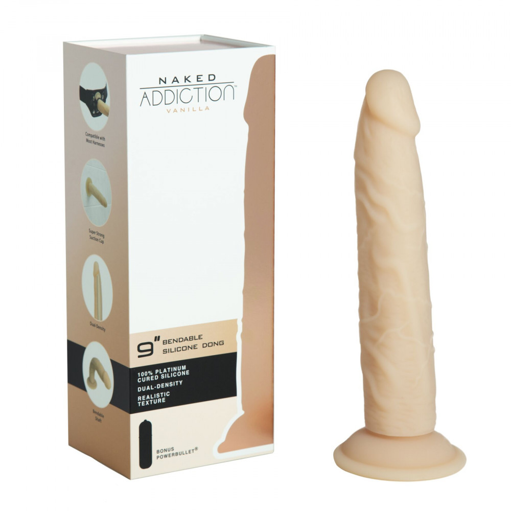 Фаллоимитаторы на присоске, двойные - Фаллоимитатор Naked Addiction — 9″ Silicone Dual Density Bendable Dildo Vanilla, вибропуля в подарок 5