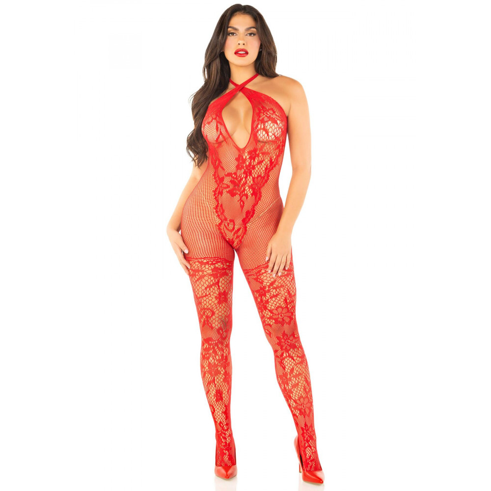Бодистокинг - Бодистокинг Leg Avenue Seamless Net and Lace Lingerie Jumpsuit One Size, Red 1