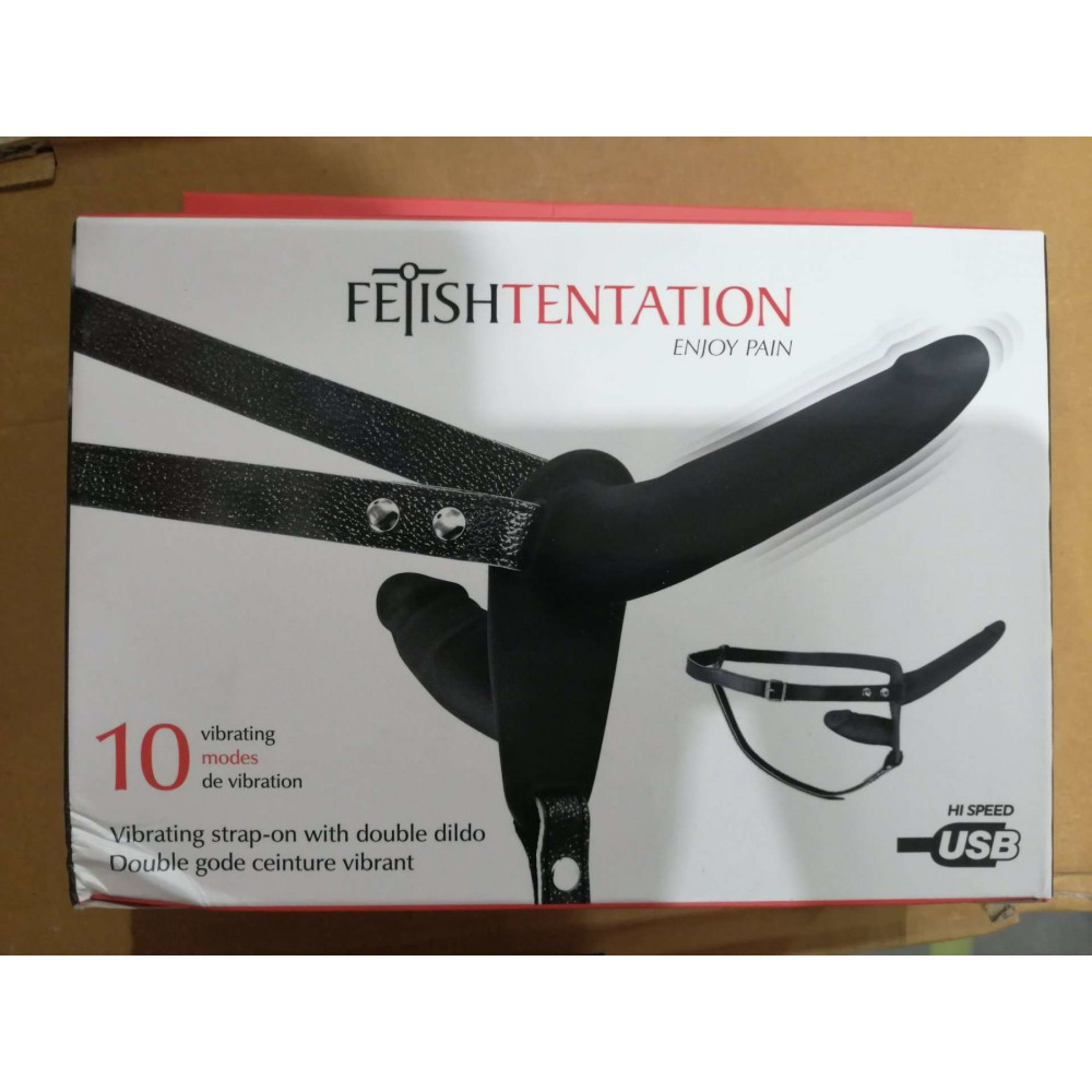 Двойные страпоны - Двойной страпон с вибрацией Fetish Tentation Vibrating Strap-On with Double Dildo (мятая упаковка) 1