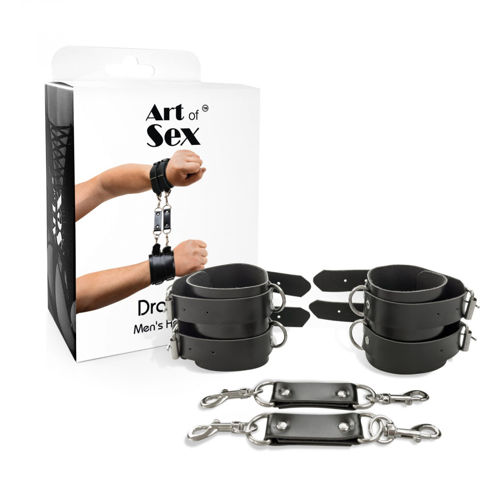 Наручники, веревки, бондажы, поножи - Наручники мужские Art of Sex - Handcuffs Dragons man из экокожи, цвет черный 3