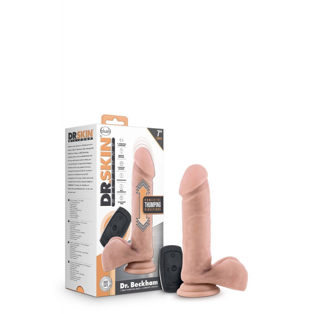 Секс игрушки - Вибратор реалистичный с мошонкой на присоске Blush Dr. Skin Dr Beckham, с пультом, бежевый 4