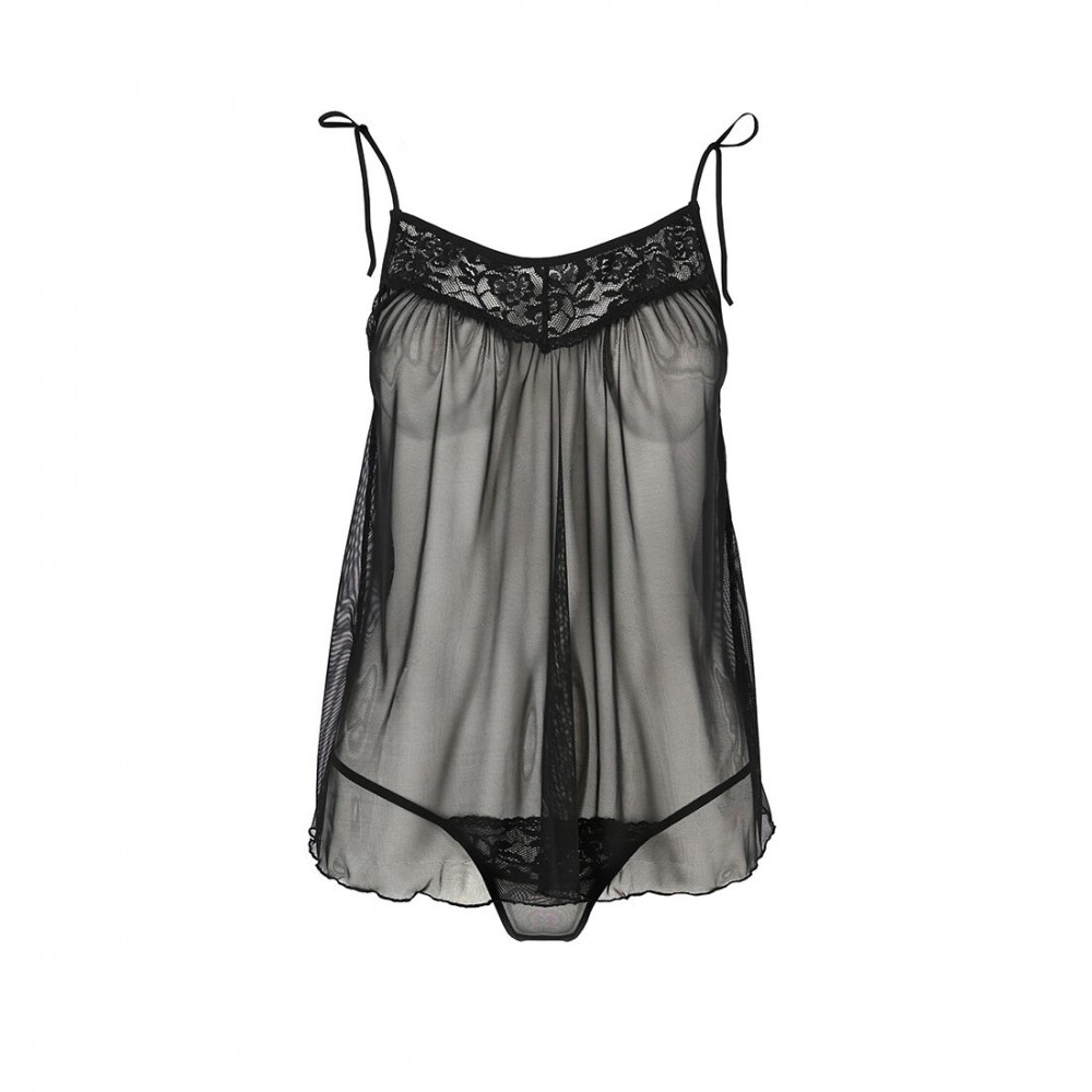 Эротические пеньюары и сорочки - Сорочка прозрачная беби долл MELANIA CHEMISE black L/XL - Passion, трусики, на тонких бретелях 3