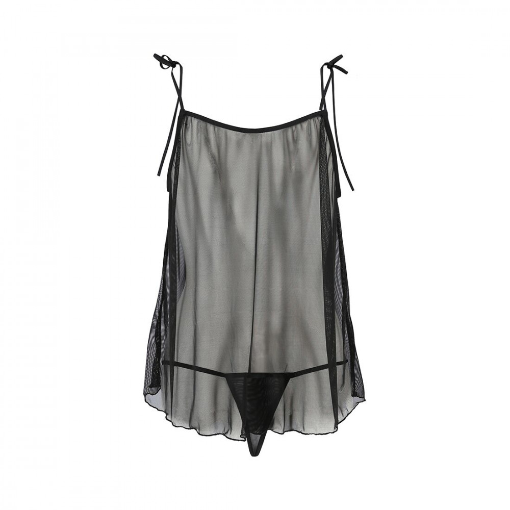 Эротические пеньюары и сорочки - Сорочка прозрачная беби долл MELANIA CHEMISE black L/XL - Passion, трусики, на тонких бретелях 2