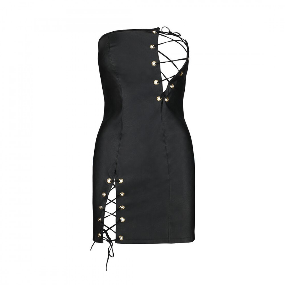 Эротические пеньюары и сорочки - Мини-платье из экокожи CELINE CHEMISE black XXL/XXXL — Passion: шнуровка, трусики в комплекте 3