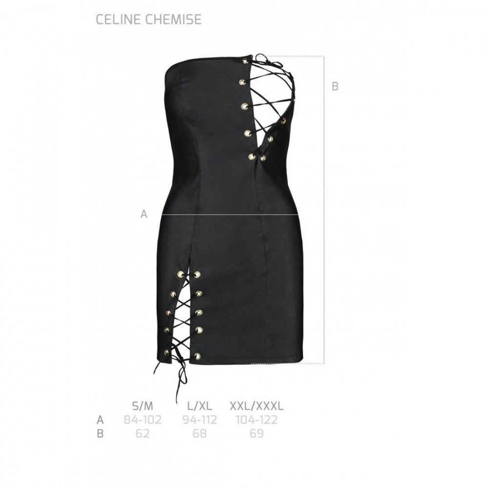 Эротические пеньюары и сорочки - Мини-платье из экокожи CELINE CHEMISE black XXL/XXXL — Passion: шнуровка, трусики в комплекте 1