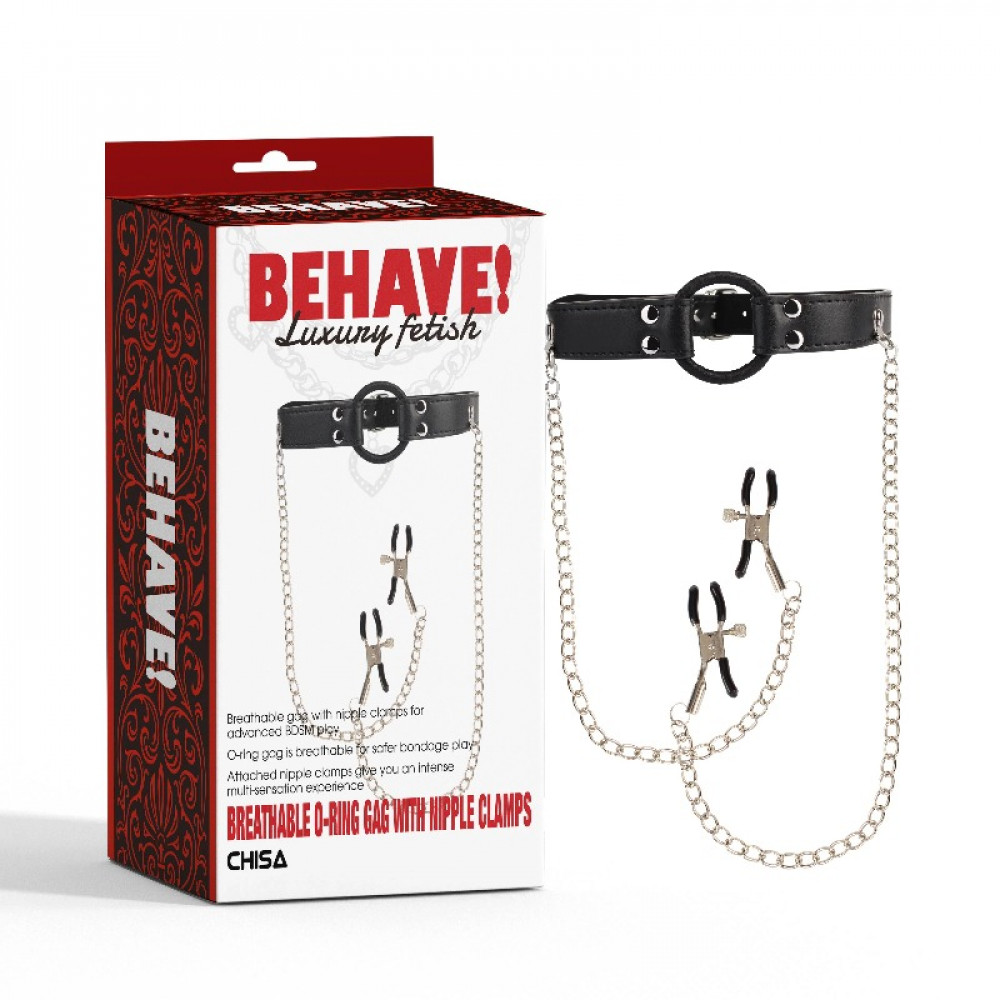 БДСМ игрушки - Кляп с кольцом и зажимами для сосков Chisa BEHAVE! Luxury Fetish черный