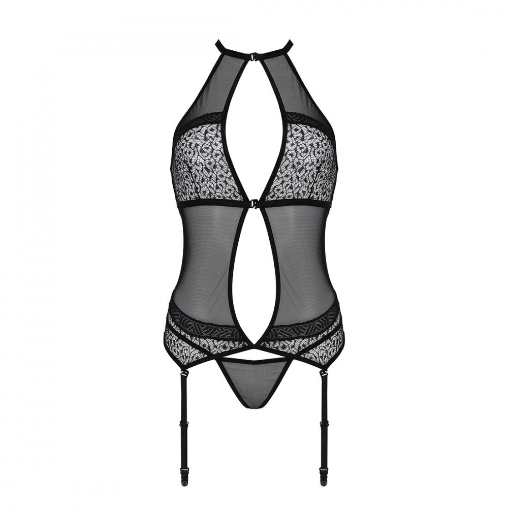 Эротические корсеты - Корсет с пажами Passion SATARA CORSET S/M black, стринги, кружево, застежки спереди и сзади 3
