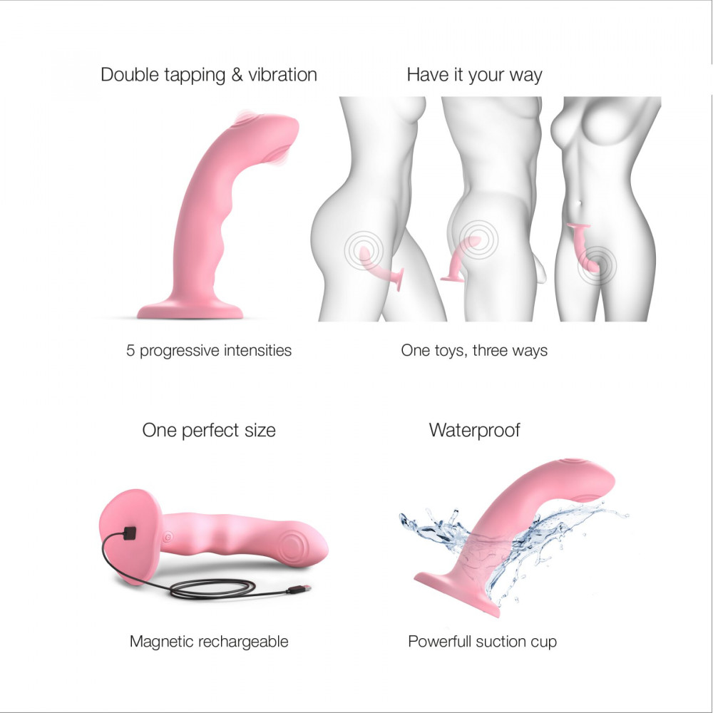 Страпон - Насадка для страпона с двойной точечной пульсацией Strap-On-Me TAPPING DILDO WAVE - CORAL PINK 6