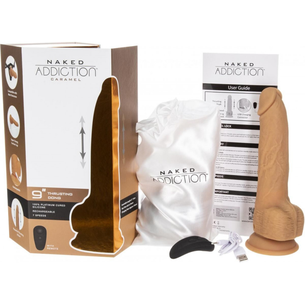 Фаллоимитаторы с вибрацией - Фаллоимитатор с пульсацией Naked ADDICTION Dominic 9″ Caramel, пульт ДУ, диаметр 4,2 см 5