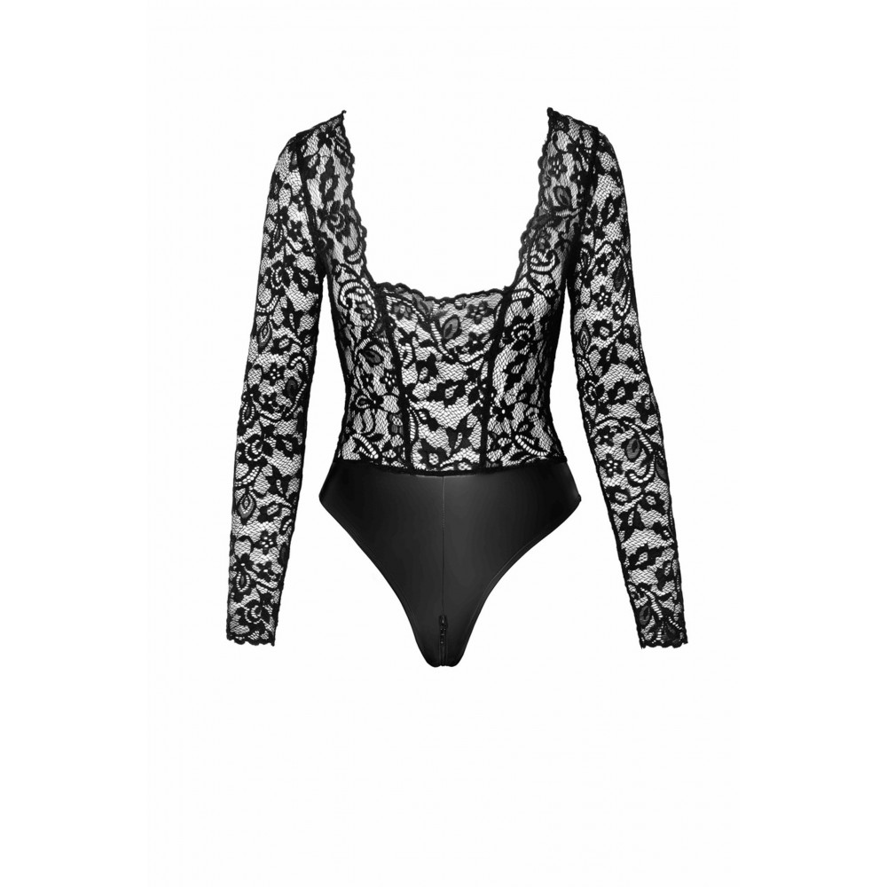Эротическое белье - Боди с кружевом, F296 Noir Handmade Psyche с открытым доступом, с молнией, черное, размер M 4