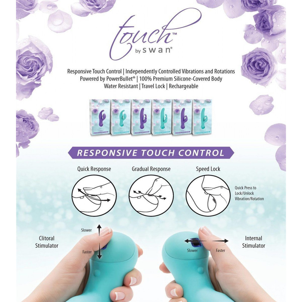 Вибратор-кролик - Вибратор-кролик с сенсорным управлением и ротацией Touch by SWAN - Duo Purple, глубокая вибрация 7
