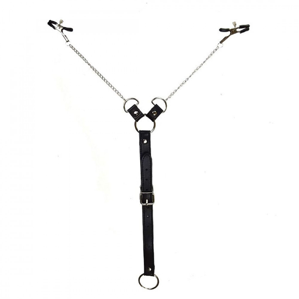 Интимные украшения - Зажимы для сосков с фиксацией на мошонке Nipple Clamps for Men, Эко кожа 2