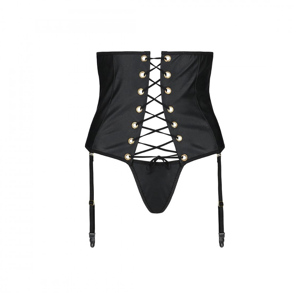 Эротические пеньюары и сорочки - Пояс-корсет из экокожи CELINE SET black S/M — Passion: шнуровка, съемные пажи для чулок, стринги 3