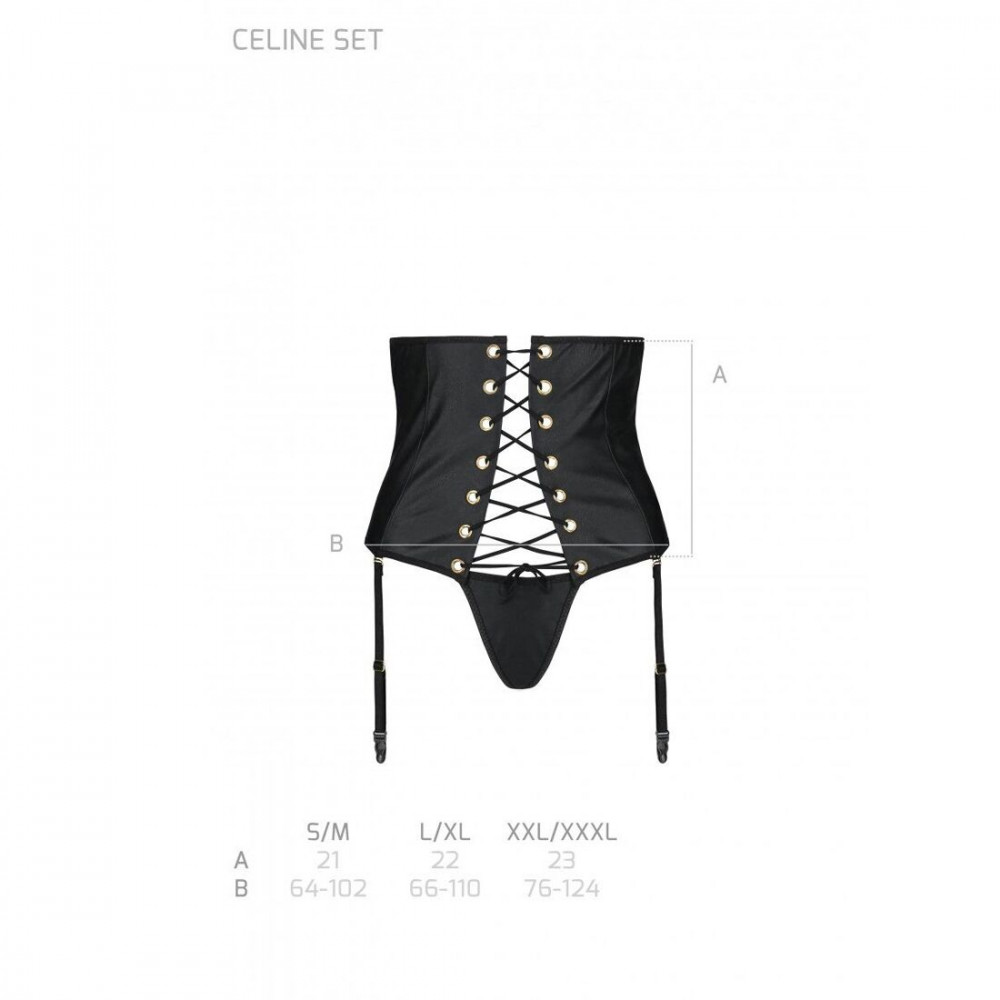 Эротические пеньюары и сорочки - Пояс-корсет из экокожи CELINE SET black S/M — Passion: шнуровка, съемные пажи для чулок, стринги 1