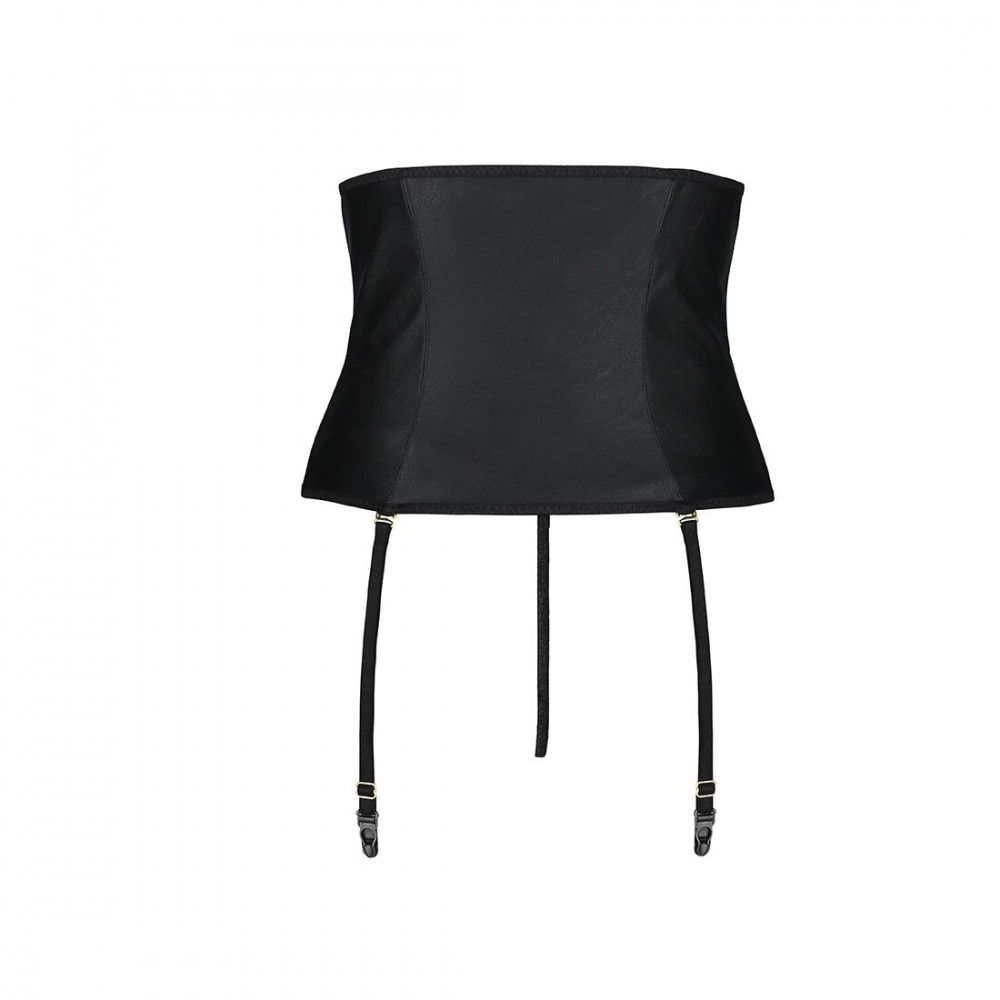 Эротические пеньюары и сорочки - Пояс-корсет из экокожи CELINE SET black S/M — Passion: шнуровка, съемные пажи для чулок, стринги 2