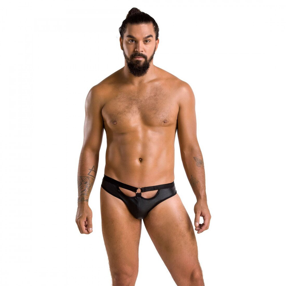 Стринги, трусы и шорты - Мужские слипы с вырезами Passion 041 Slip Joe XXL/XXXL Black, экокожа, открытые ягодицы 4