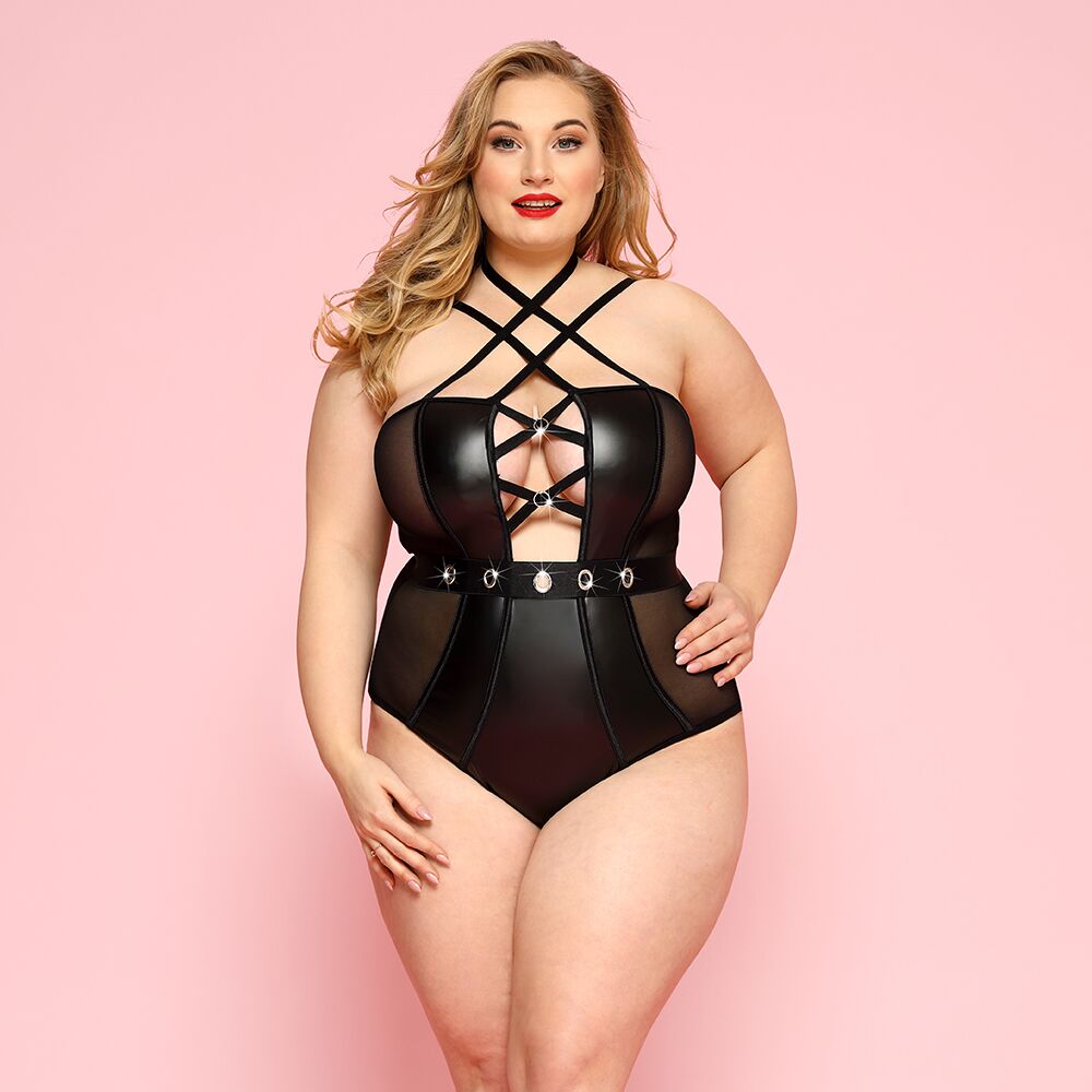 Эротическое боди - Сексуальное боди JSY «Страстная Лорейн» Plus Size Black, люверсы, стрепы, экокожа, шнуровка