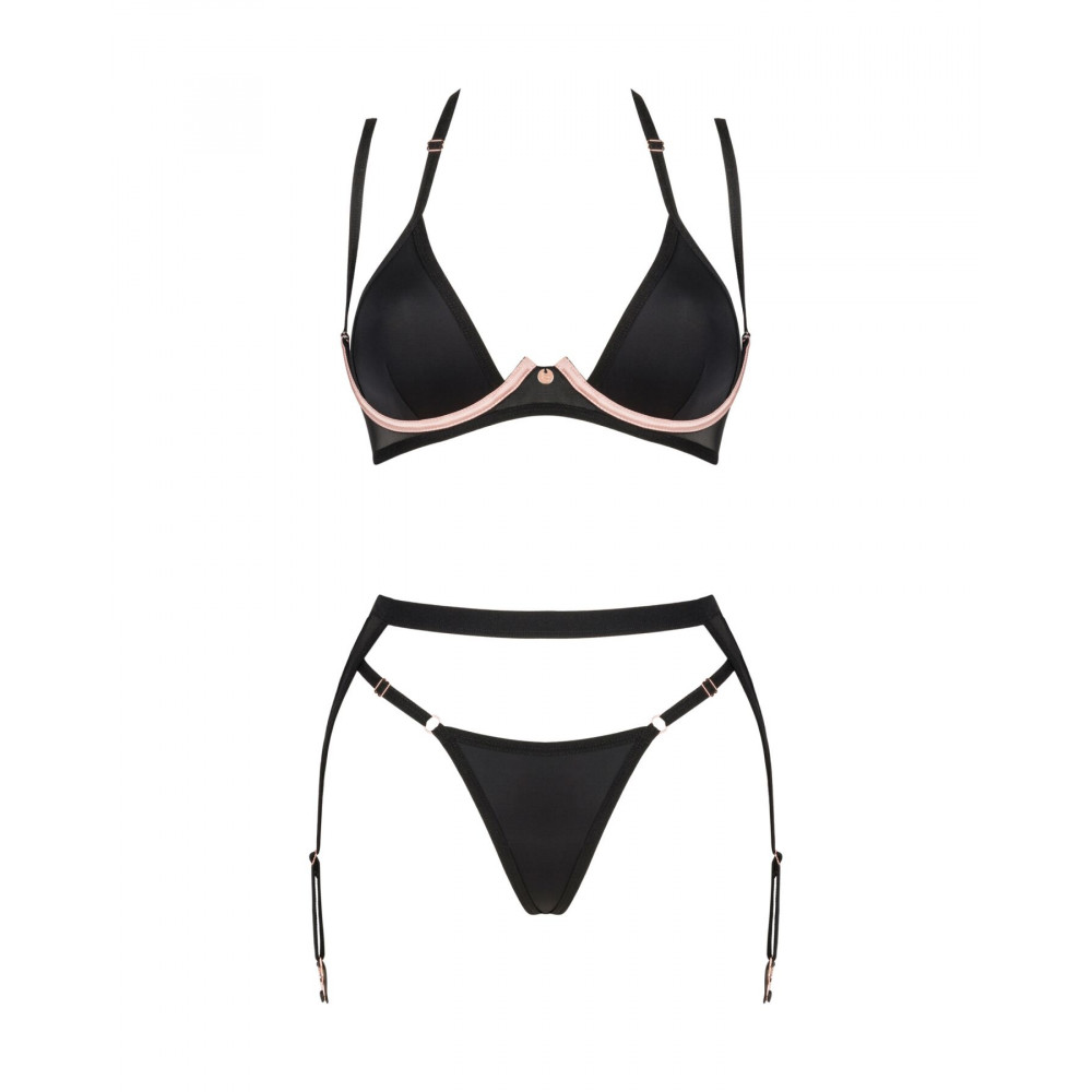 Эротические комплекты - Комплект белья Obsessive Selinne 3-pcs set M/L Black, бюстгальтер, стринги пояс для чулок 5