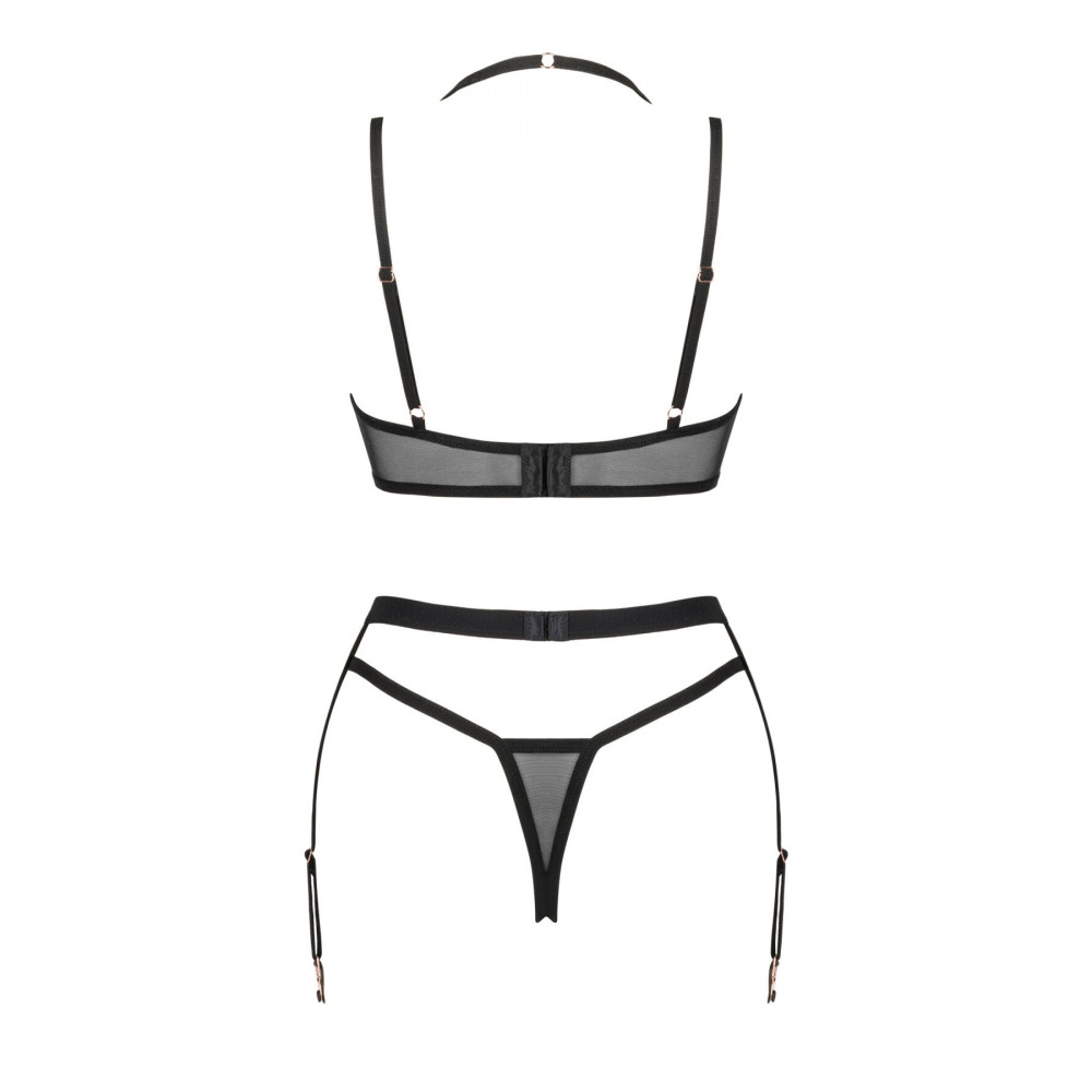 Эротические комплекты - Комплект белья Obsessive Selinne 3-pcs set M/L Black, бюстгальтер, стринги пояс для чулок 4