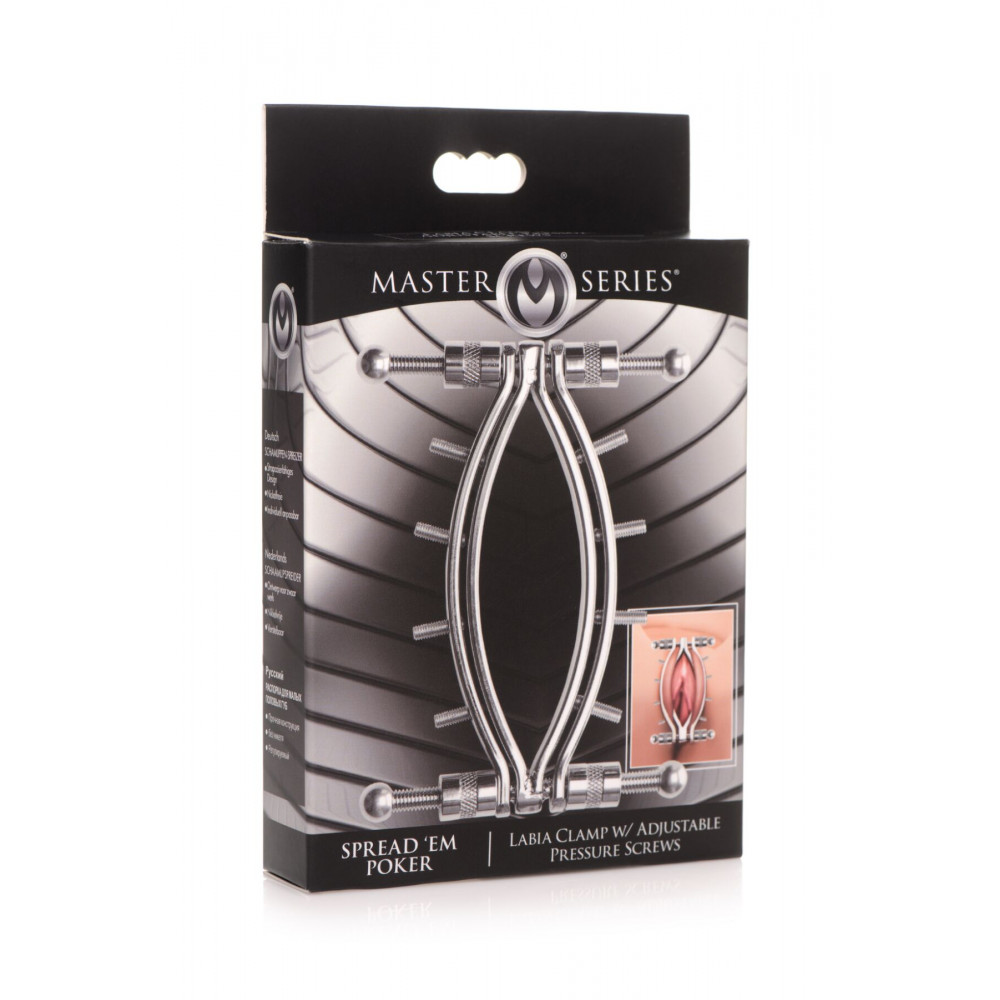 Наручники, веревки, бондажы, поножи - Зажим для половых губ Master Series Spread'Em Poker Vagina Clamp with Adjustable Pressure Screws 1