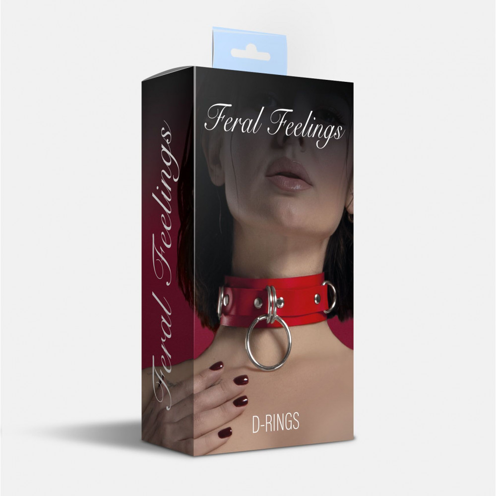 Ошейники, поводки - Ошейник для фиксации из натуральной кожи Feral Feelings - D-Rings Red 1