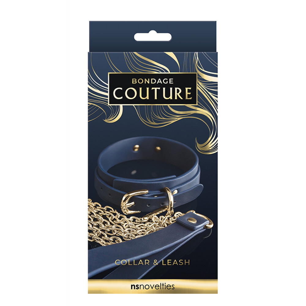 Ошейники, поводки - Ошейник с поводком BONDAGE COUTURE COLLAR AND LEASH BLUE 2