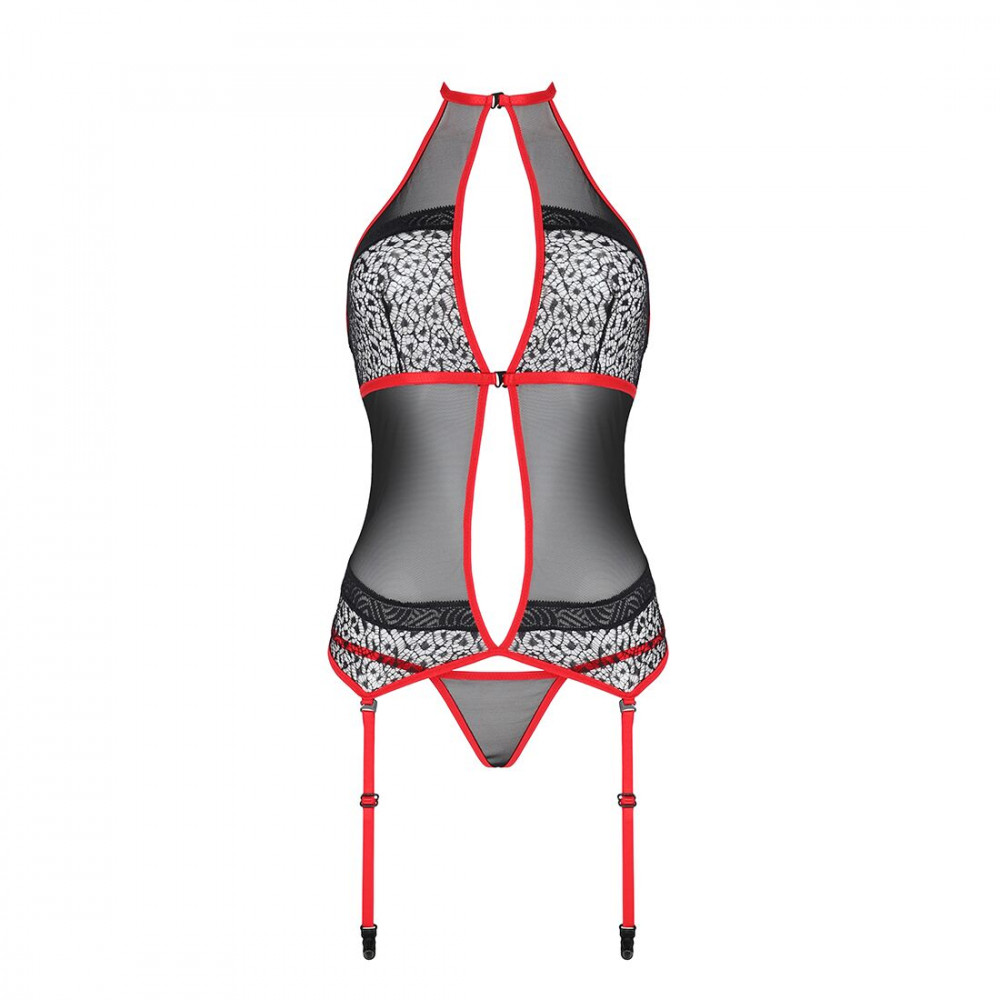 Эротические корсеты - Корсет с пажами PassionSATARA CORSET L/XL red, стринги, кружево, застежки спереди и сзади 3