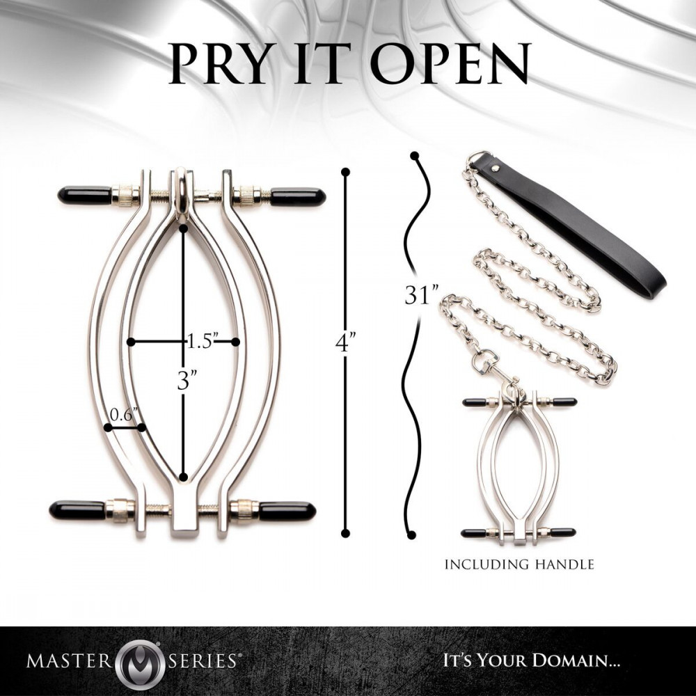Наручники, веревки, бондажы, поножи - Зажим для половых губ с поводком Master Series Pussy Tugger Adjustable Vagina Clamp with Chain 5