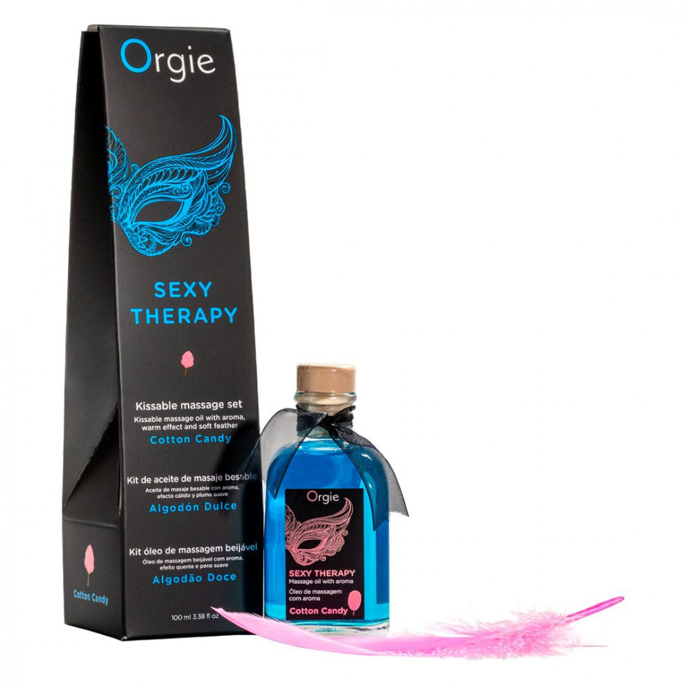 Массажные масла и свечи - Набор для массажа Orgie – Sexy Therapy Cotton Candy (100 мл), съедобное разогревающее масло + перышко