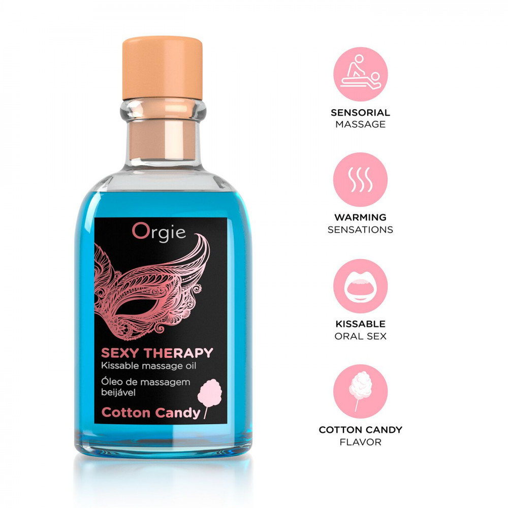 Массажные масла и свечи - Набор для массажа Orgie – Sexy Therapy Cotton Candy (100 мл), съедобное разогревающее масло + перышко 2