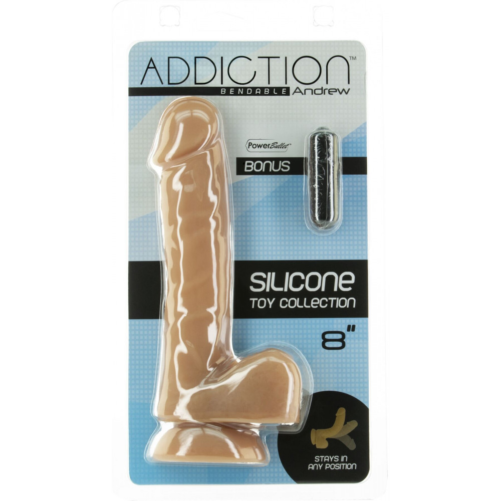 Фаллоимитаторы на присоске, двойные - Гибкий фаллоимитатор на присоске ADDICTION — ANDREW 8″ Silicone Dong — Caramel, вибропуля в подарок 2