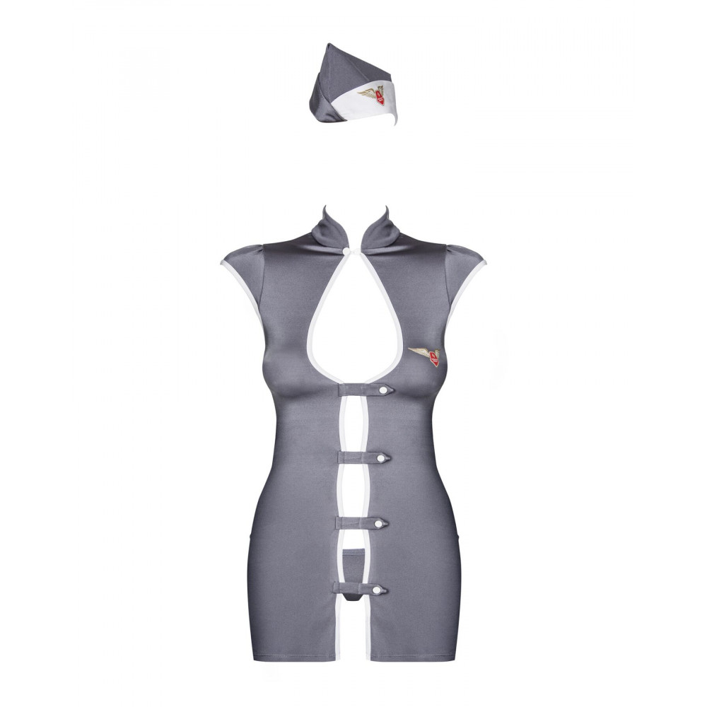 Эротические костюмы - Эротический костюм стюардессы Obsessive Stewardess 3 pcs costume grey L/XL, серый, платье, стринги,  3