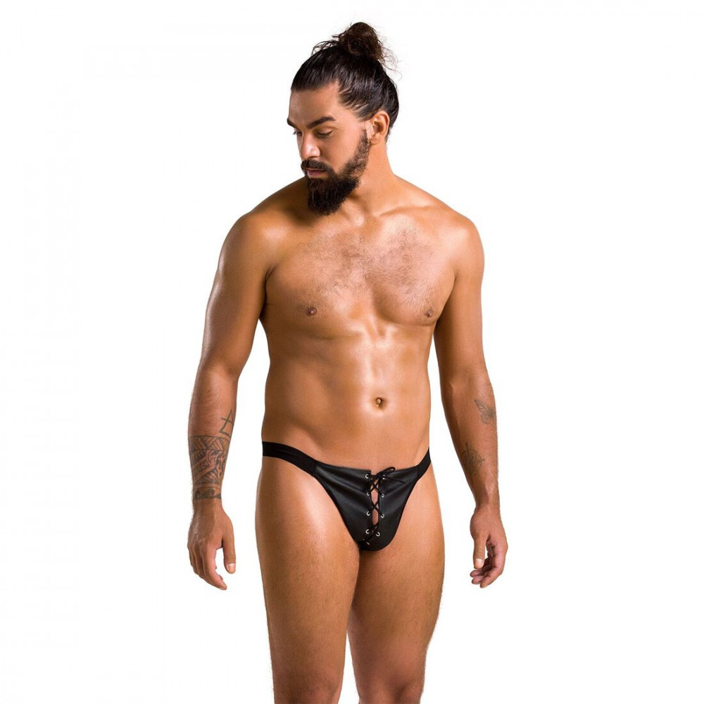 Стринги, трусы и шорты - Мужские слипы на шнуровке Passion 044 Slip Ben L/XL Black, экокожа, люверсы 4