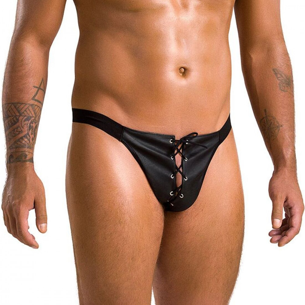 Стринги, трусы и шорты - Мужские слипы на шнуровке Passion 044 Slip Ben L/XL Black, экокожа, люверсы