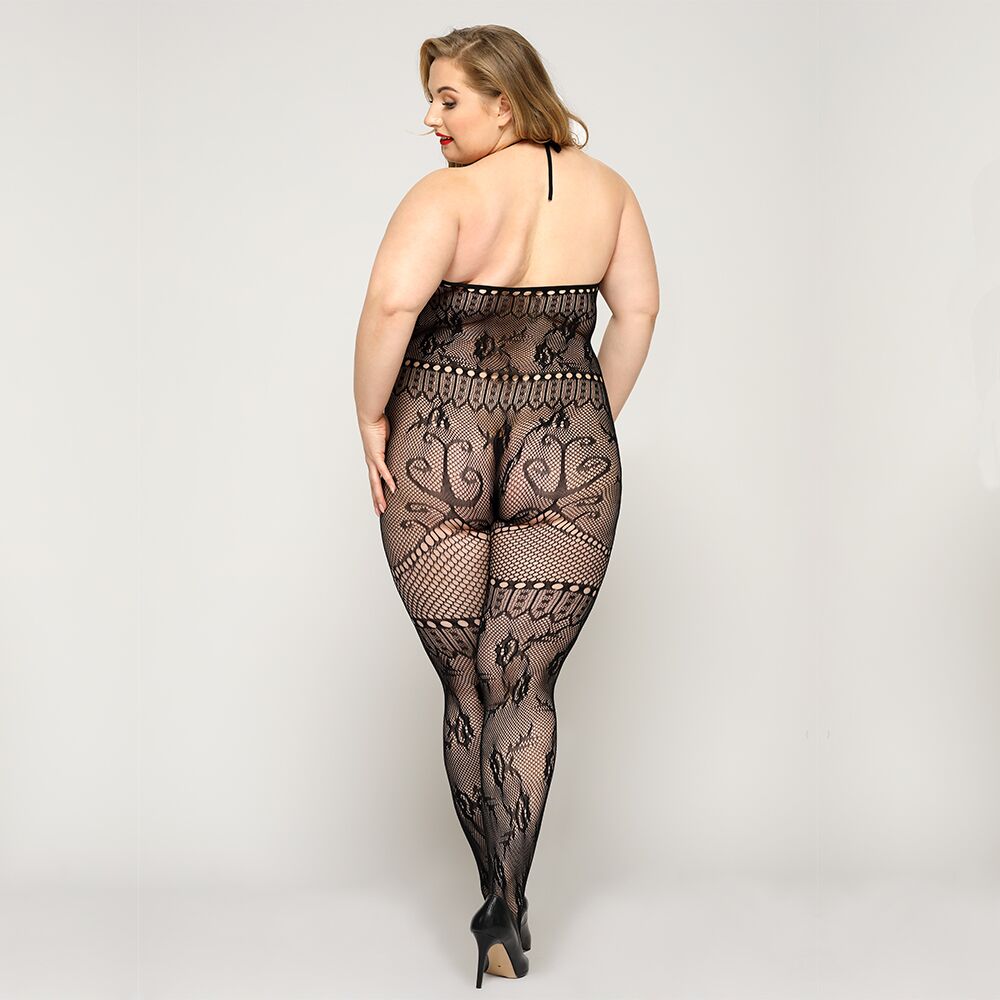 Бодистокинг - Кружевной бодистокинг JSY «Горячая Хейли» Plus Size, Black, халтер, имитация чулков, открытый доступ 1