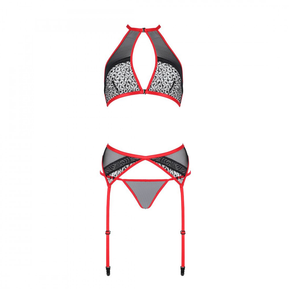 Эротические комплекты - Комплект белья Passion SATARA SET L/XL red, топ, пояс для чулок, стринги 3