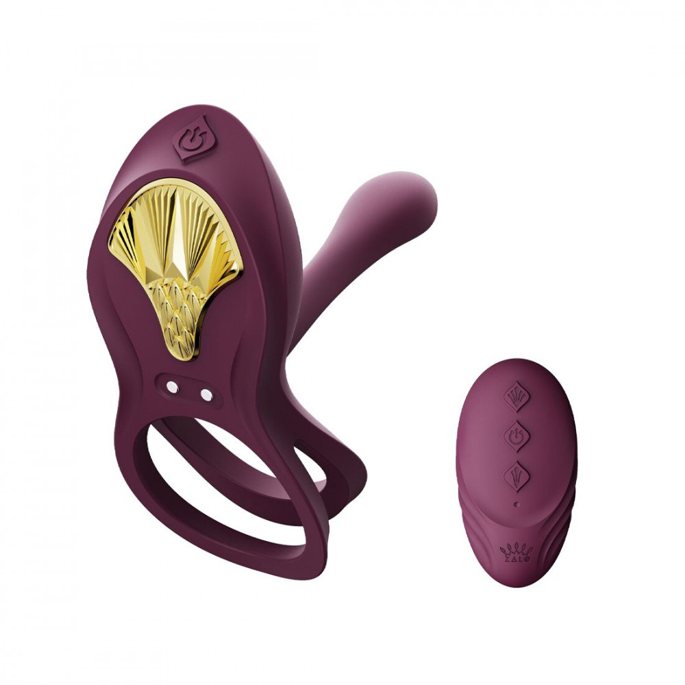 Эрекционные кольца с вибрацией - Смарт-эрекционное кольцо Zalo - BAYEK Velvet Purple, двойное с вводимой частью, пульт ДУ