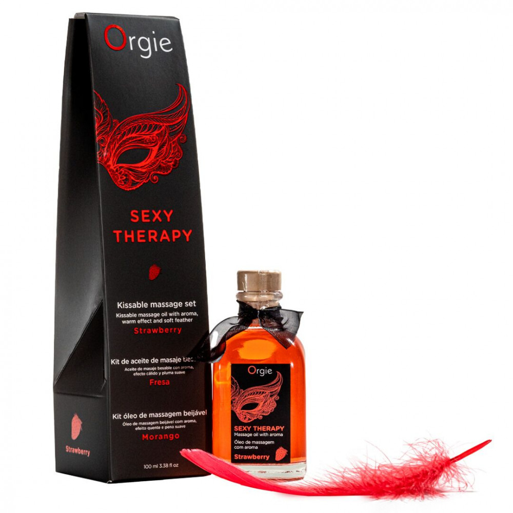 Массажные масла и свечи - Набор для массажа Orgie – Sexy Therapy Strawberry (100 мл), съедобное разогревающее масло + перышко