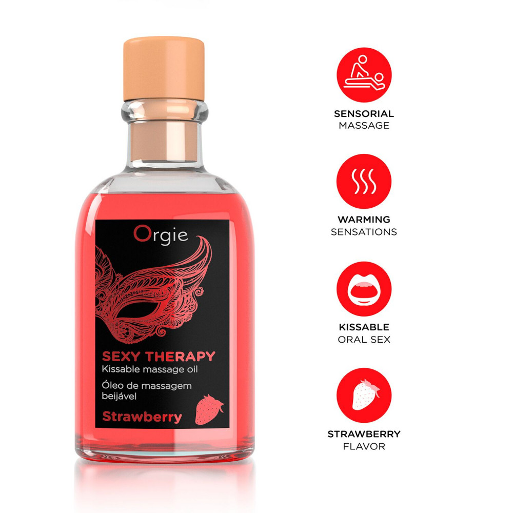 Массажные масла и свечи - Набор для массажа Orgie – Sexy Therapy Strawberry (100 мл), съедобное разогревающее масло + перышко 2